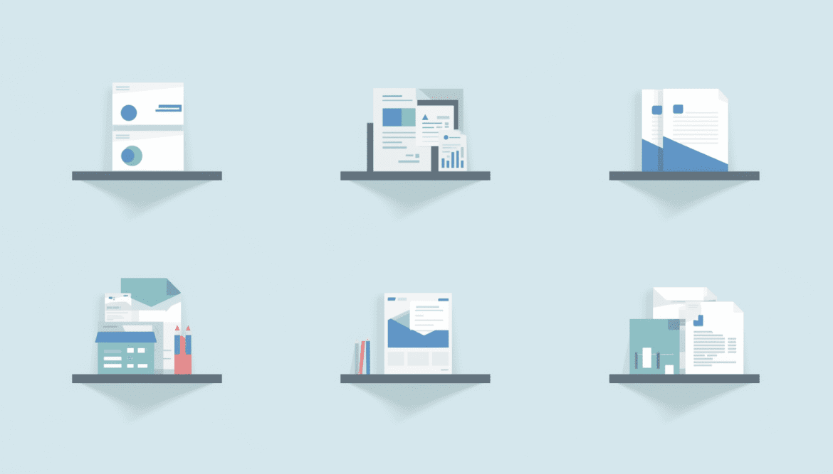 Siedem druków firmowych, które najczęściej kończą się w krytycznym momencie: wizytówki, ulotki, papier firmowy, teczki, formularze, notesy i plakaty.