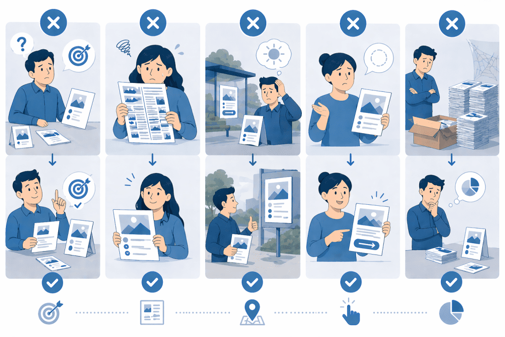 Najczęstsze błędy przy wyborze prostych druków reklamowych, takie jak brak celu kampanii, przeładowanie treści i zły dobór formatu.