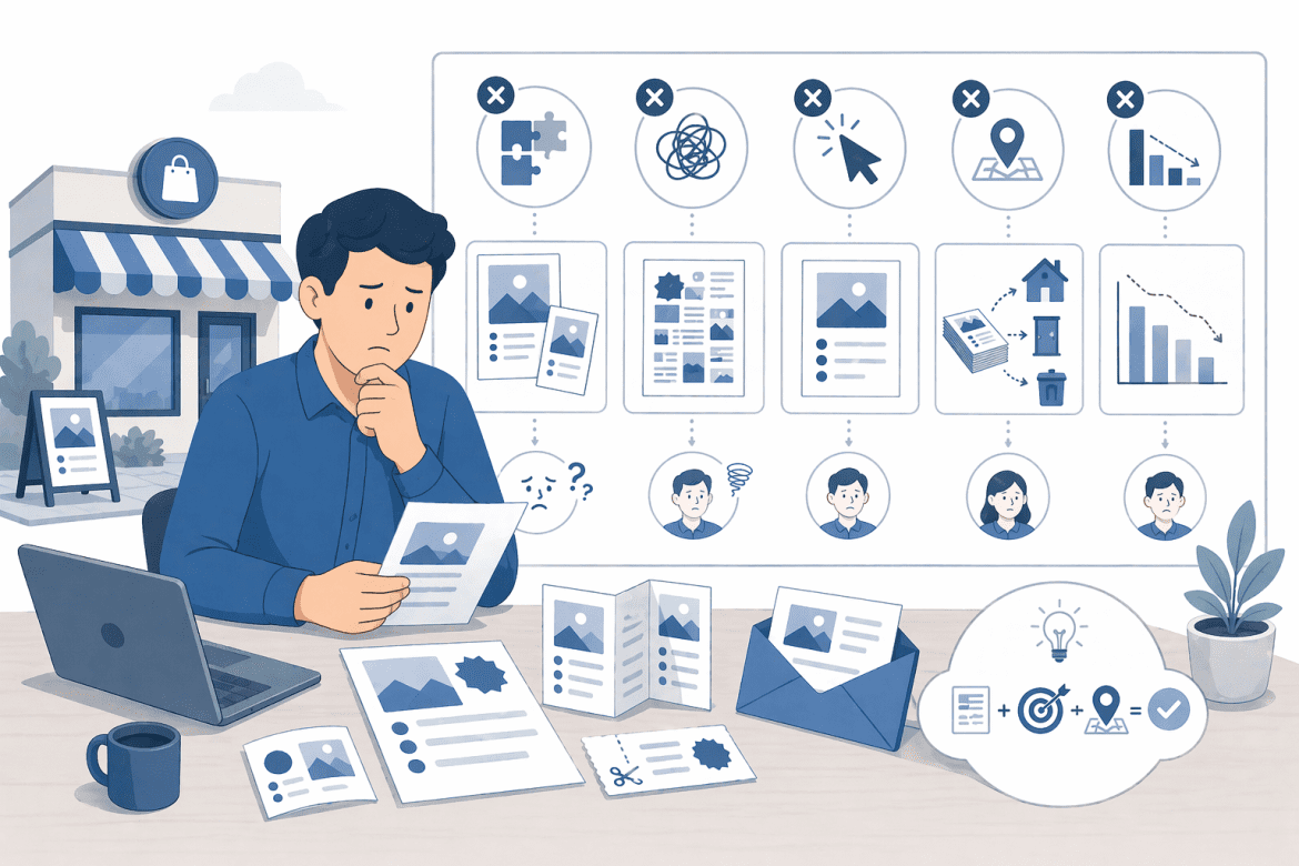 Ilustracja przedstawiająca najczęstsze błędy w prostych drukach reklamowych, które obniżają skuteczność kampanii lokalnej.