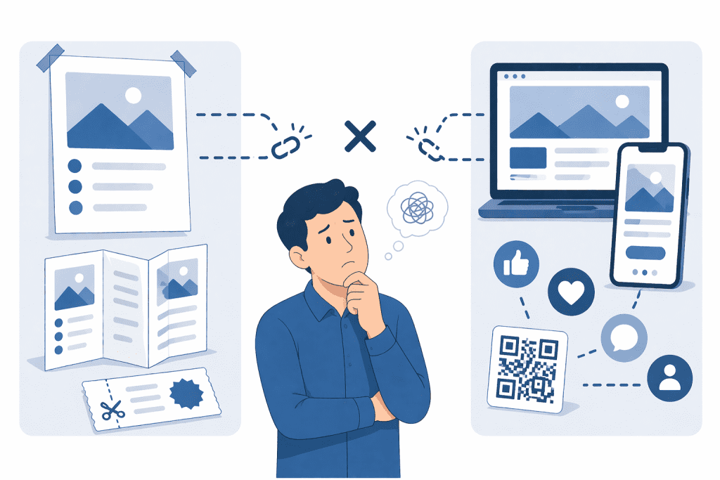 Ilustracja pokazująca błąd polegający na braku połączenia druku reklamowego z innymi działaniami promocyjnymi.