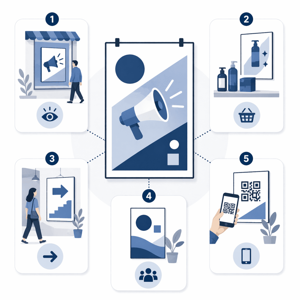 Cele plakatu reklamowego w punkcie sprzedaży: promocja, informacja, sprzedaż i kierowanie klienta