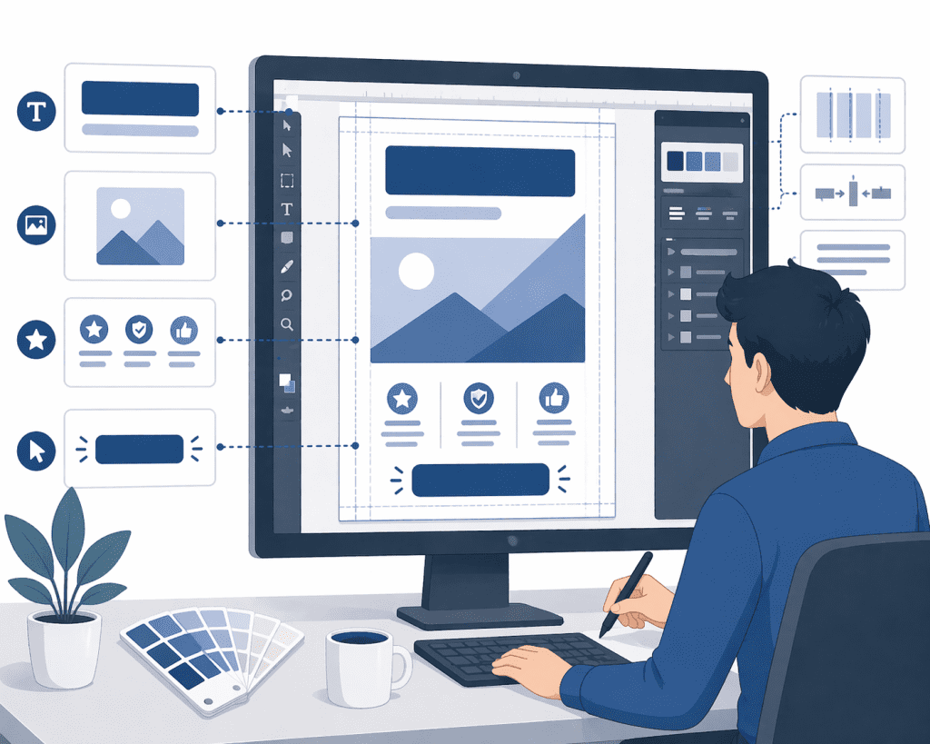 Czytelny projekt plakatu reklamowego z nagłówkiem, grafiką, krótkim komunikatem i CTA