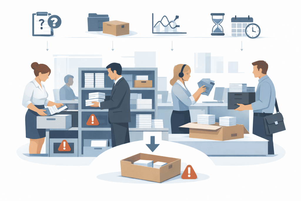 Ilustracja pokazująca, dlaczego w firmie brakuje materiałów drukowanych: rozproszenie zapasów, brak kontroli i zbyt późne zamówienia.