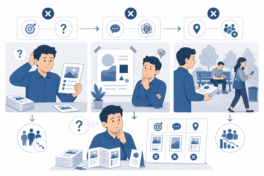 Infografika ilustrująca 9 najczęstszych błędów w prostych drukach reklamowych w kampanii lokalnej.