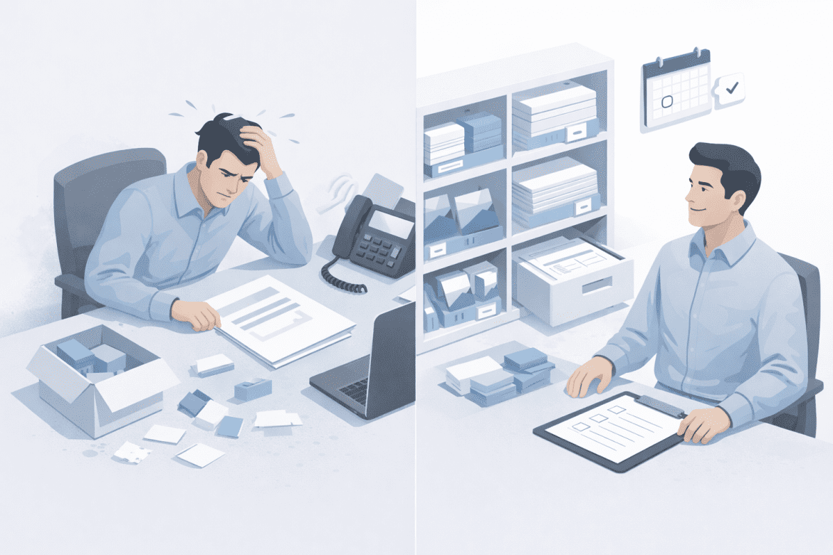 Porównanie chaosu przy domawianiu materiałów drukowanych na ostatnią chwilę z uporządkowanym systemem kontroli zapasów.