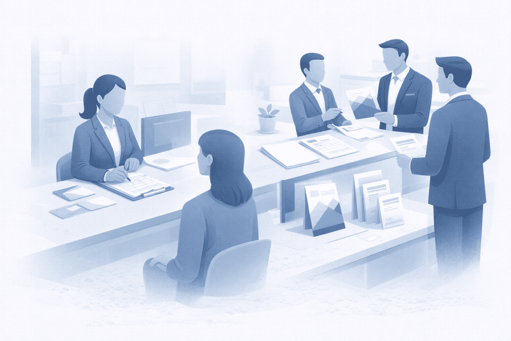 Materiały drukowane wspierające codzienną obsługę klientów: formularze, papier firmowy, wkładki informacyjne, notesy i ulotki.