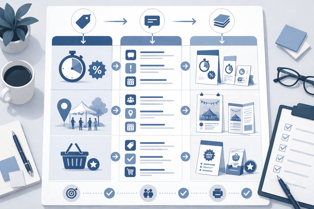 Grafika pokazująca, jak dobrać przekaz i format druku do konkretnej oferty lokalnej, zależnie od celu i sytuacji.