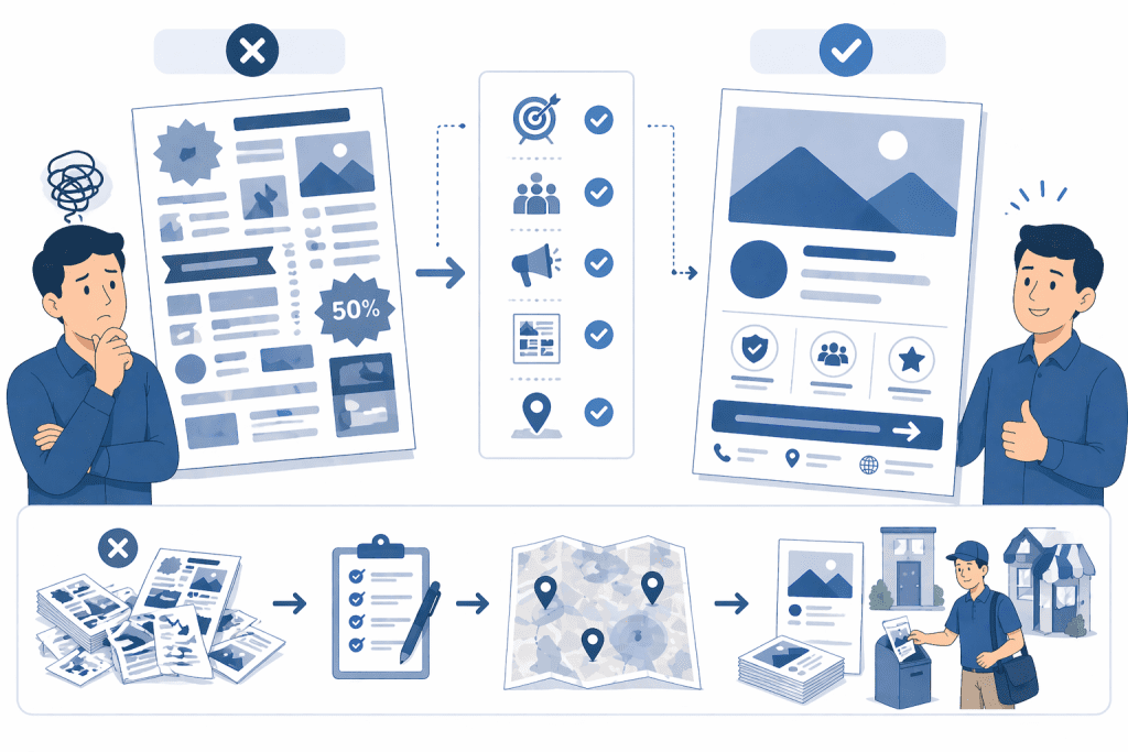 Ilustracja pokazująca, jak poprawić skuteczność małych formatów reklamowych dzięki prostemu komunikatowi i lepszemu planowaniu.