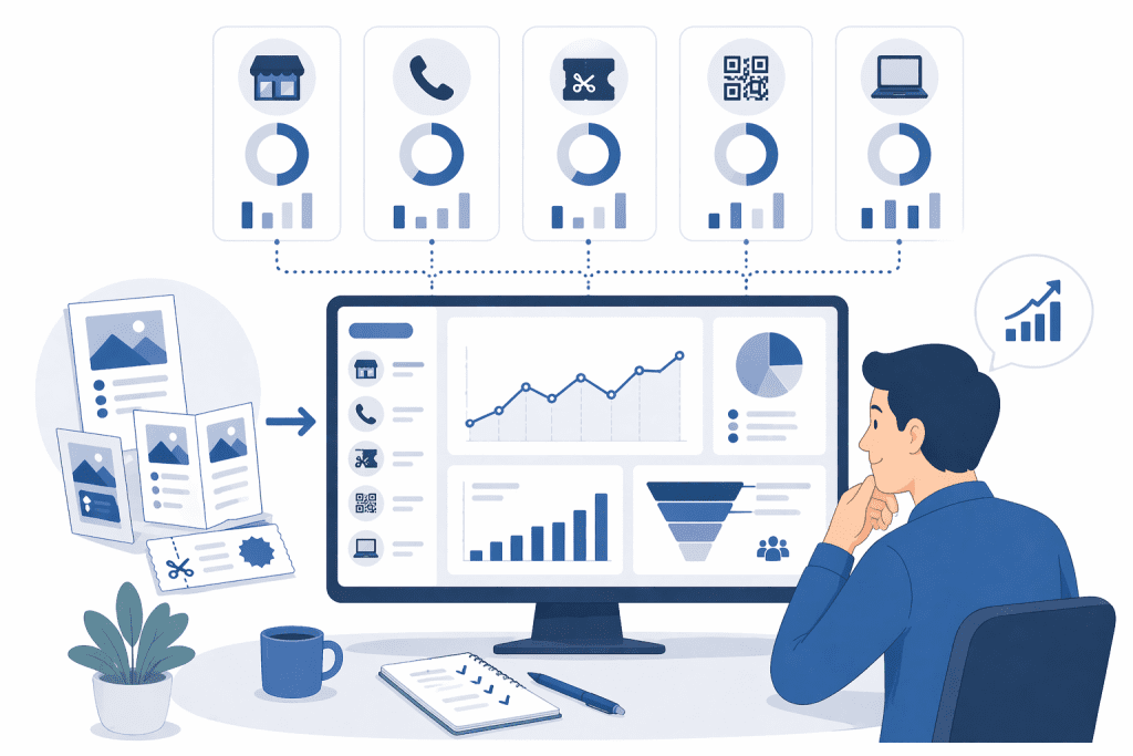 Ilustracja pokazująca, jak mierzyć skuteczność kampanii lokalnej na podstawie wizyt, telefonów, kuponów i kodów QR.