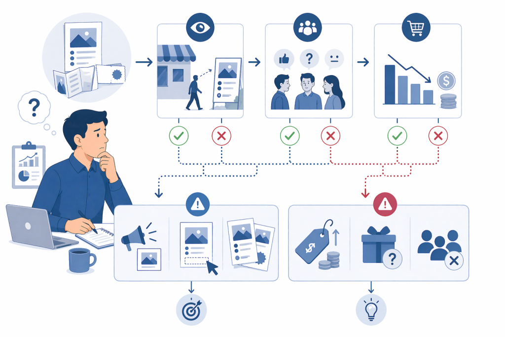 Ilustracja przedstawiająca schemat oceny, czy problem kampanii lokalnej wynika z druku reklamowego czy z samej oferty.