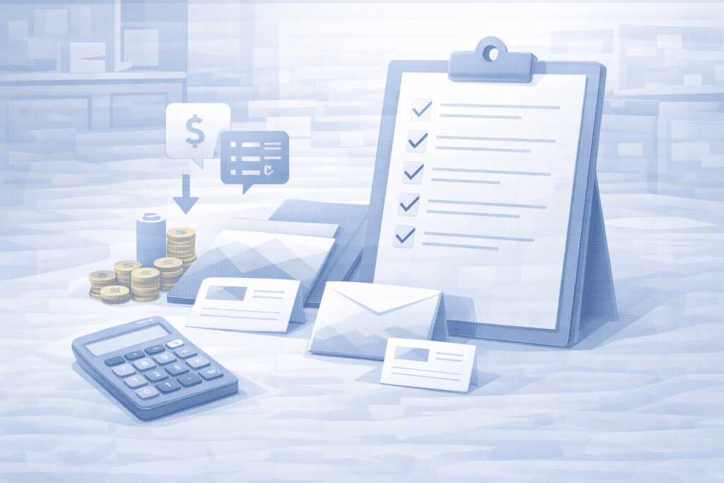 Rozsądne zamawianie druków firmowych przedstawione jako checklista zakupowa i kontrola budżetu