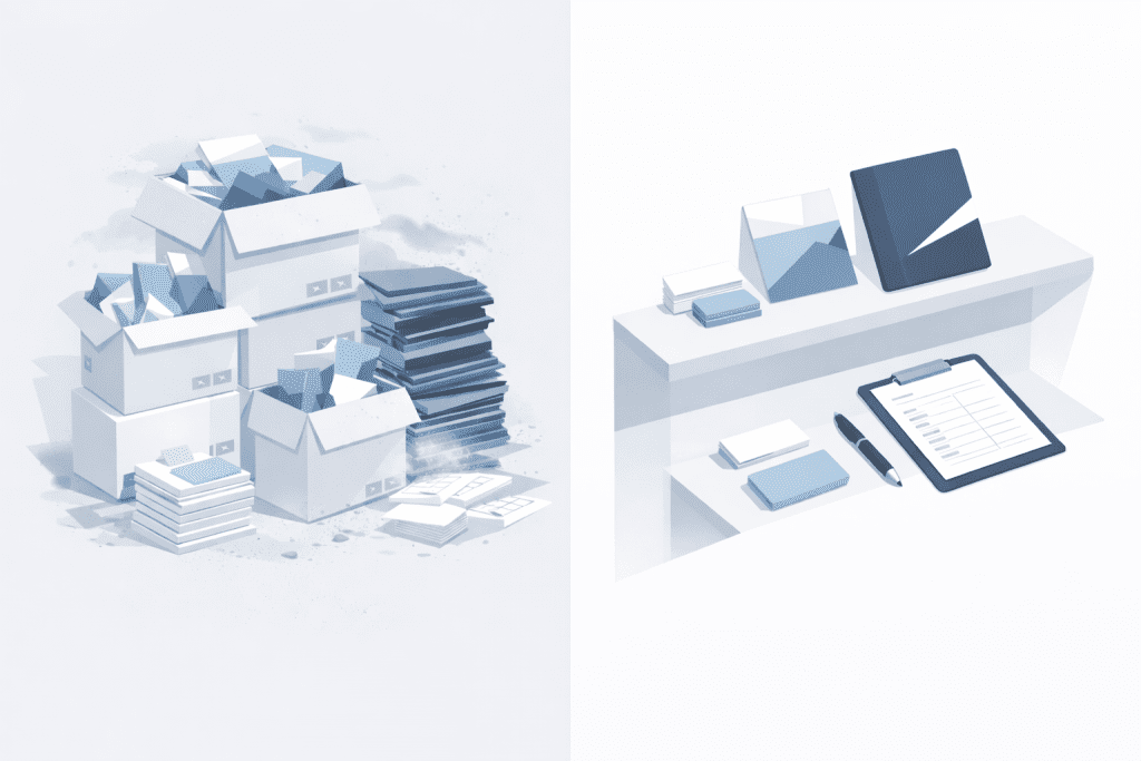 Nadmiar niepotrzebnych materiałów drukowanych w biurze zestawiony z uporządkowanym, praktycznym zapasem.