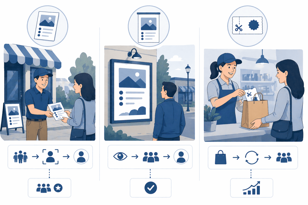 Ilustracja porównująca, kiedy ulotka, plakat i kupon reklamowy mają realną szansę zadziałać w kampanii lokalnej.