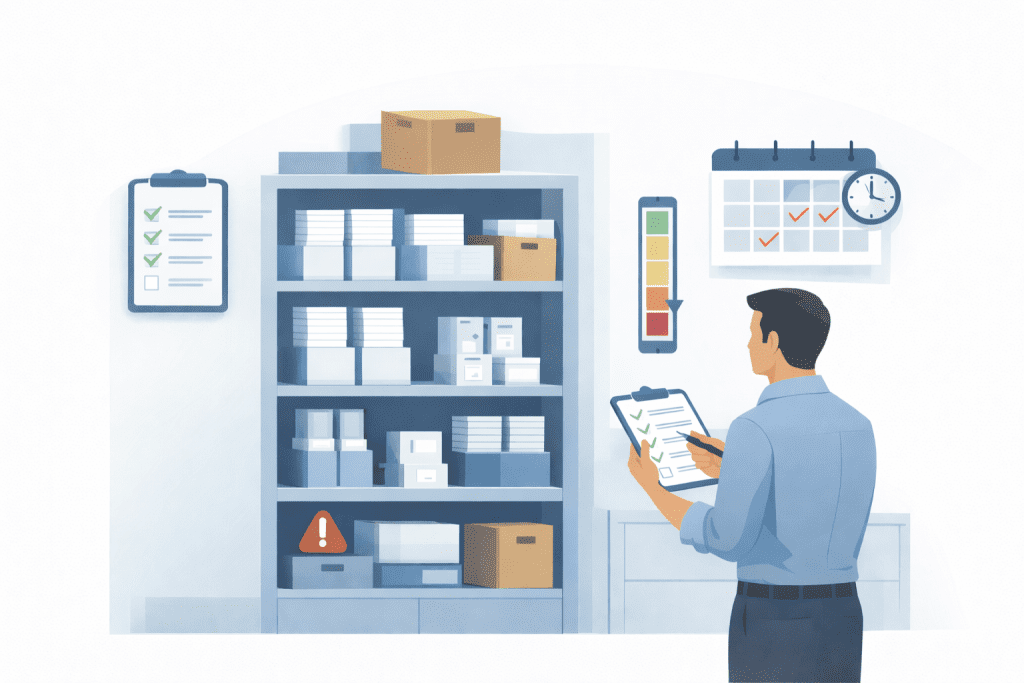 System kontroli zapasów druków firmowych z listą kontrolną, stanem minimalnym i planowaniem zamówień.