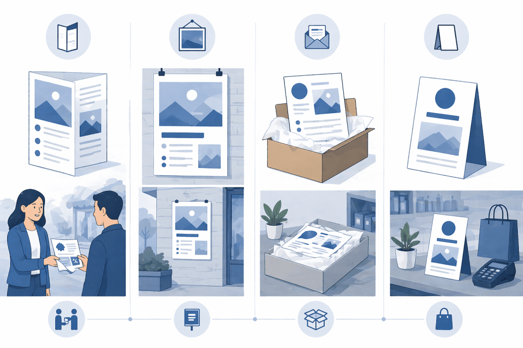Porównanie najczęściej używanych małych formatów reklamowych przez lokalne firmy: ulotek, plakatów, wkładek i prostych druków promocyjnych.