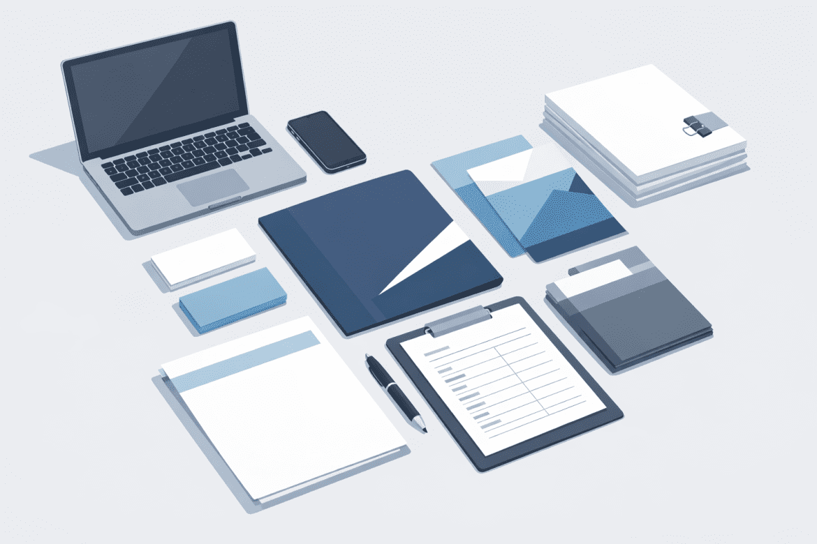 Podstawowe materiały drukowane potrzebne w biurze i pracy handlowca ułożone na nowoczesnym biurku.