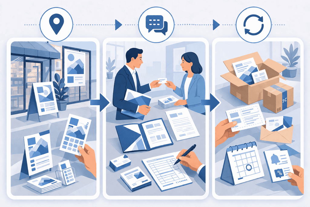 Materiały drukowane dopasowane do etapów kontaktu z klientem: przed rozmową, w trakcie sprzedaży i po kontakcie.