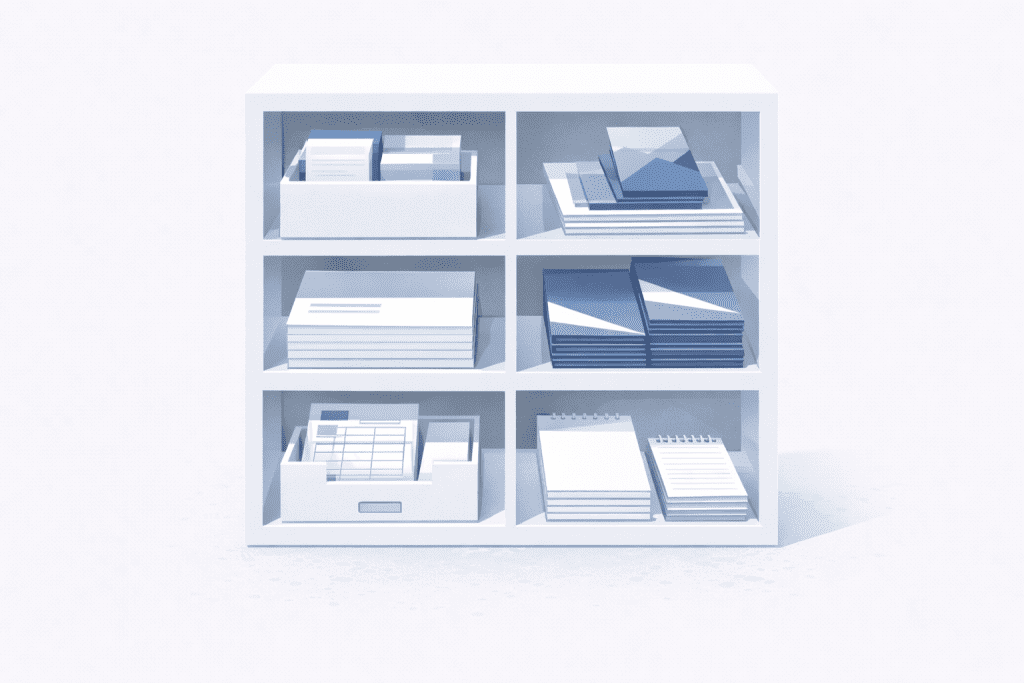 Materiały drukowane, które warto mieć zawsze w zapasie w firmie: wizytówki, ulotki, papier firmowy, teczki i formularze.