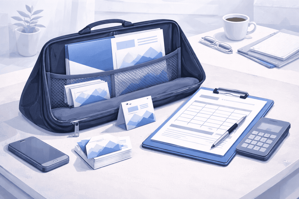 Zestaw materiałów drukowanych na spotkanie z klientem: wizytówki, teczka ofertowa, ulotka, cennik i formularz.