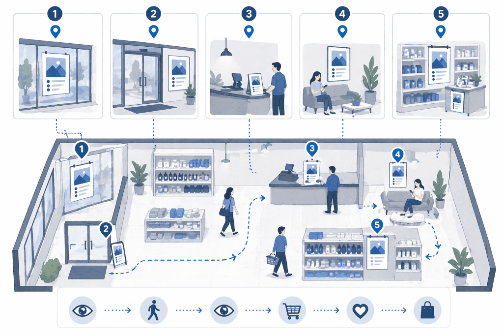 Najlepsze miejsca na plakaty reklamowe w sklepie: witryna, wejście, kasa i ekspozycja produktowa