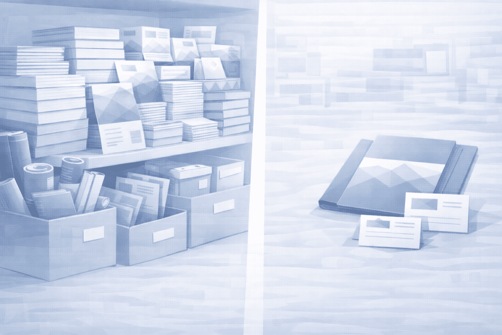 Zbyt duży i niepraktyczny zestaw materiałów drukowanych jako przykład niepotrzebnych zamówień na start