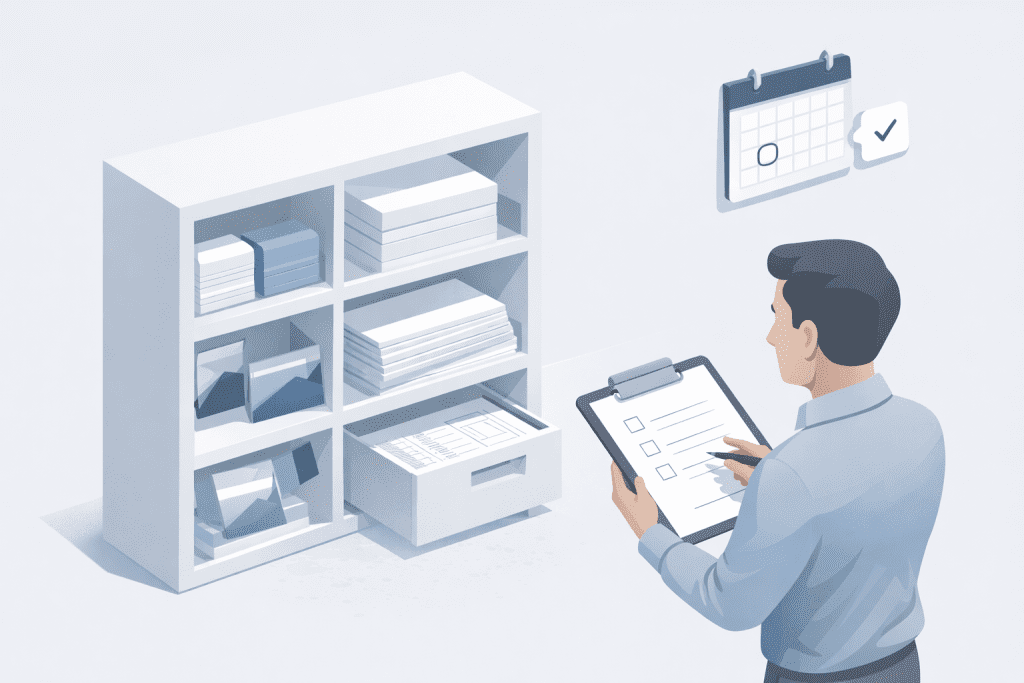 Uporządkowany system przechowywania i kontroli stanów firmowych druków w biurze.