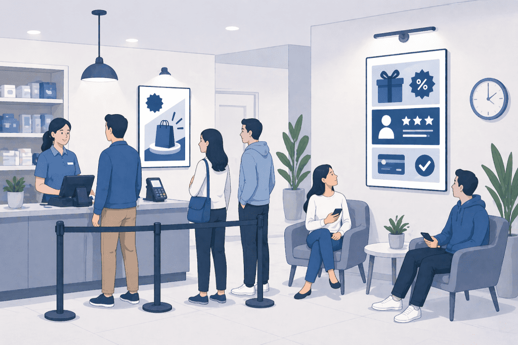 Plakat przy kasie i w miejscu oczekiwania wspierający dodatkową sprzedaż w punkcie obsługi