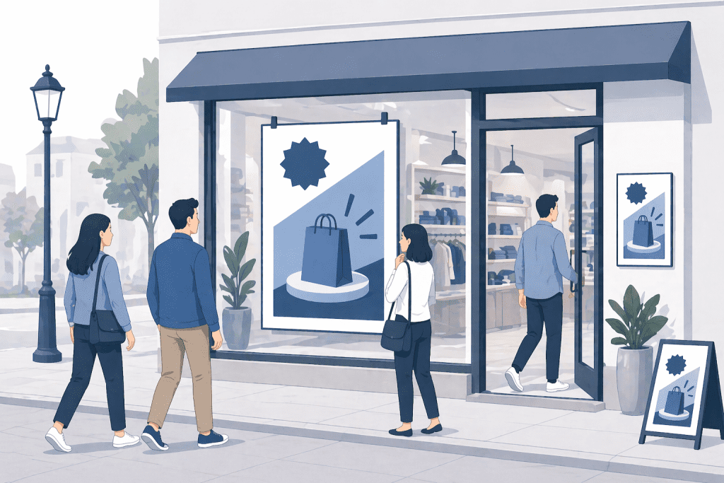 Plakat reklamowy w witrynie sklepu przyciągający uwagę klientów przed wejściem