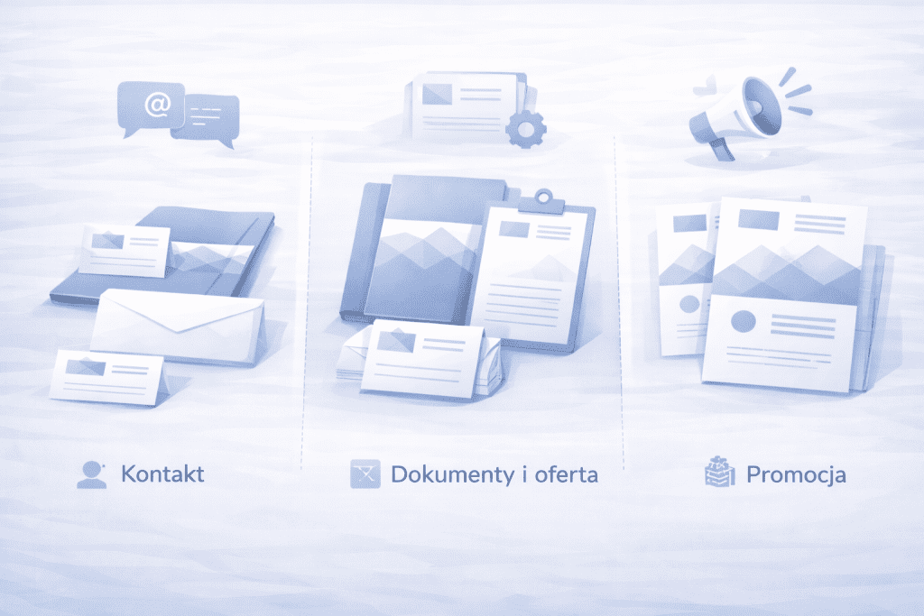 Podstawowy zestaw druków firmowych podzielony na materiały kontaktowe, dokumentowe i promocyjne