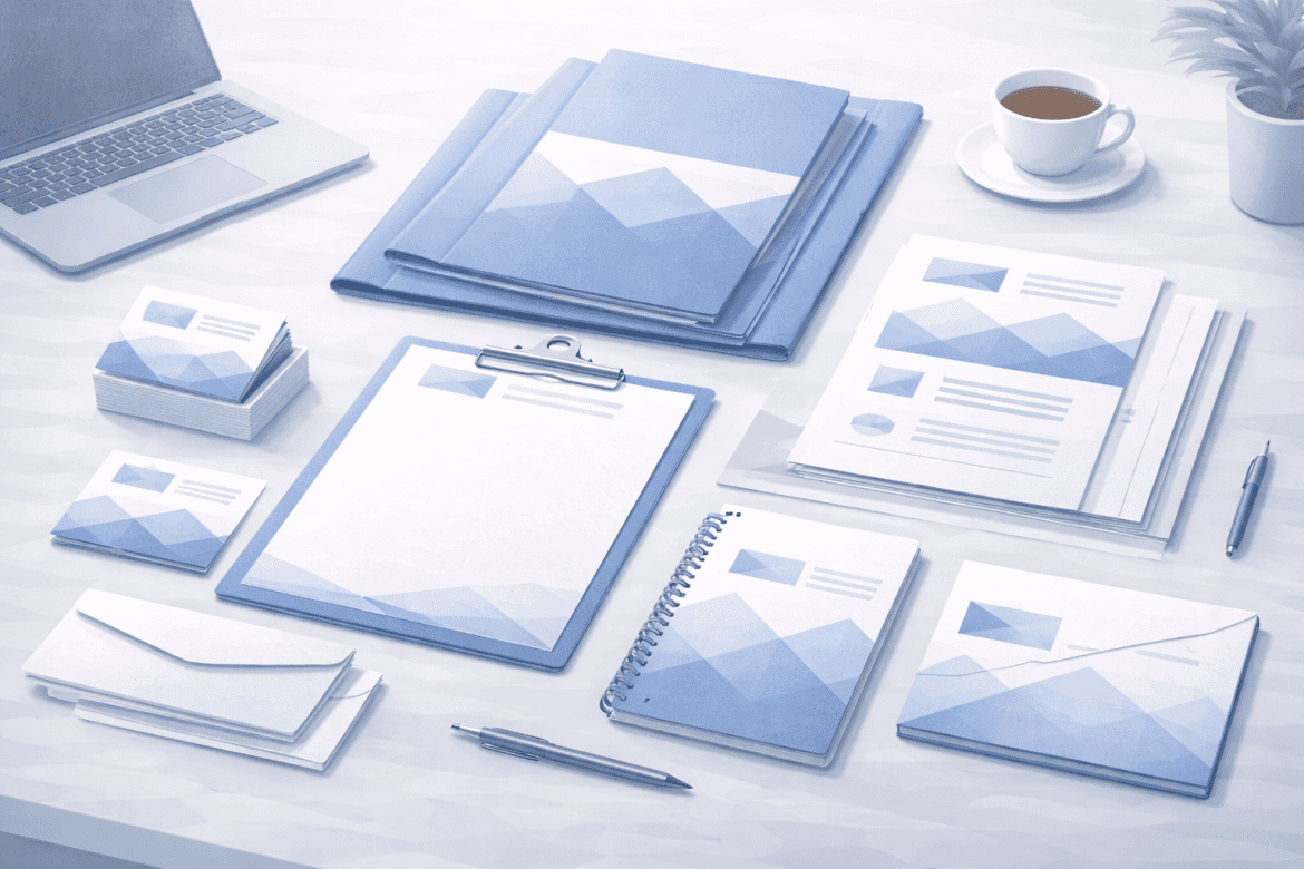 Podstawowy zestaw druków firmowych dla biura pokazany jako uporządkowany komplet materiałów na biurku