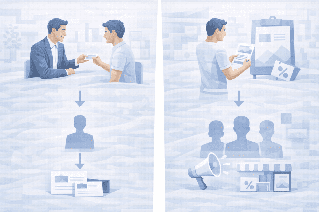 Porównanie pozyskiwania klientów za pomocą wizytówek i ulotek w zależności od modelu sprzedaży.