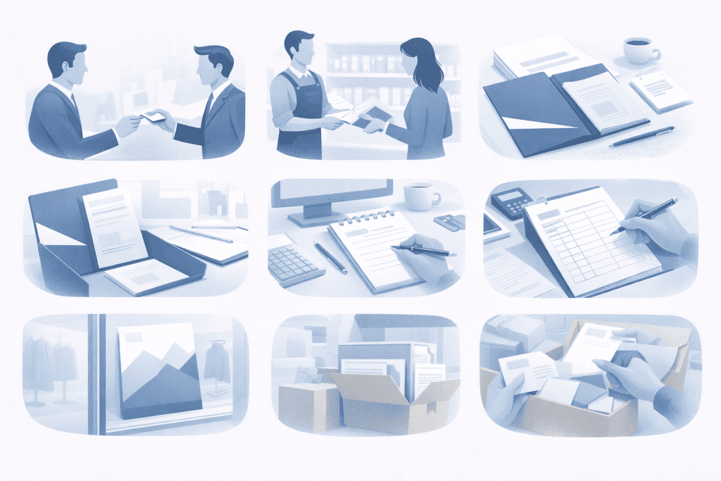 Praktyczne zastosowania druków firmowych w małej i średniej firmie: wizytówki, ulotki, papier firmowy, teczki, notesy, formularze, plakaty i wkładki.