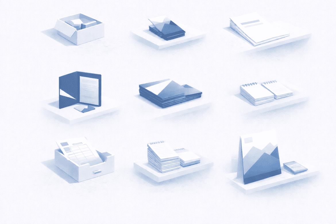 Ranking najbardziej przydatnych druków firmowych dla małych i średnich firm: wizytówki, ulotki, papier firmowy, teczki, notesy, formularze, plakaty i wkładki.