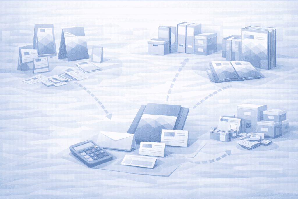 Rozszerzony zestaw druków firmowych dla rozwijającej się firmy z dodatkowymi materiałami promocyjnymi i ofertowymi