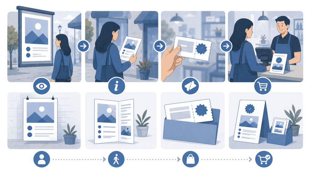 Schemat spójnej kampanii lokalnej łączącej plakat, ulotkę, wkładkę lub kupon oraz druk promocyjny w punkcie sprzedaży.