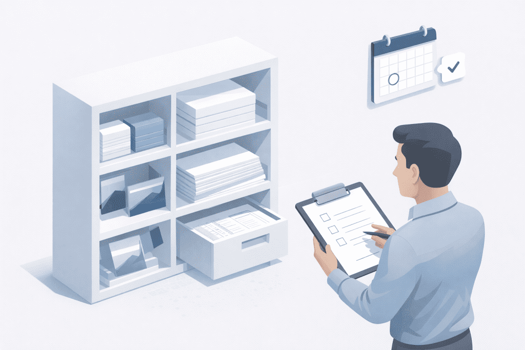 Uporządkowany system kontroli zapasów wizytówek, papieru firmowego i ulotek w biurze.