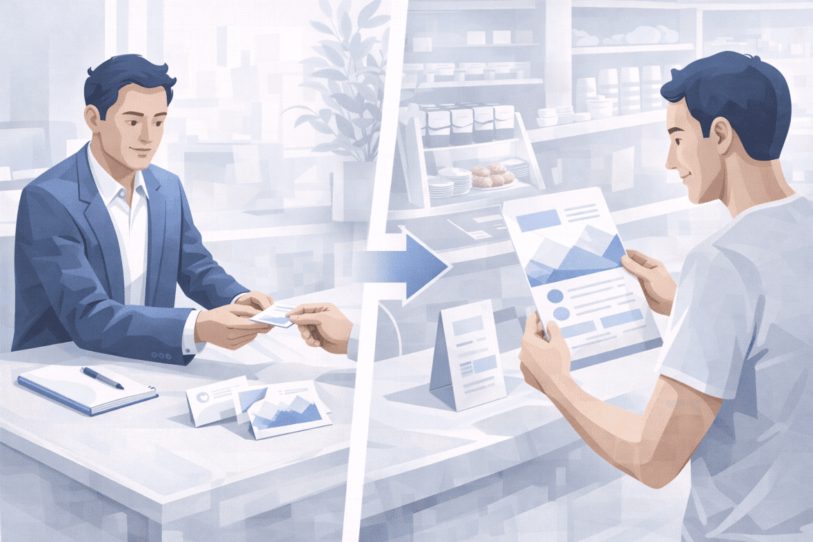 Porównanie wizytówek i ulotek jako pierwszego materiału drukowanego wspierającego szybką sprzedaż w firmie.