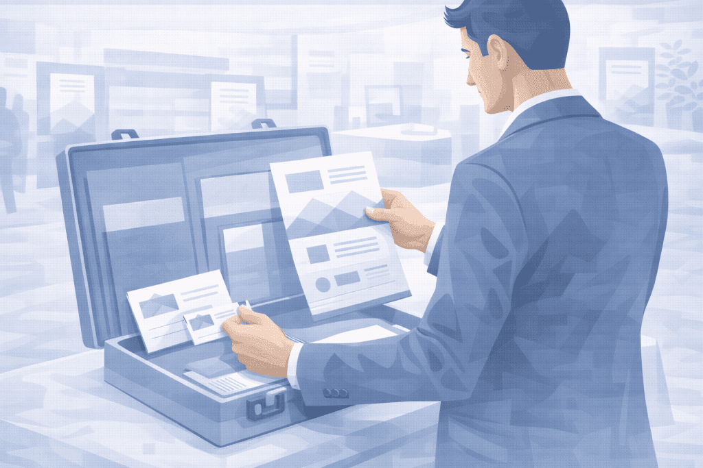 Zestaw wizytówek i ulotek używanych razem podczas spotkania sprzedażowego lub wydarzenia branżowego.