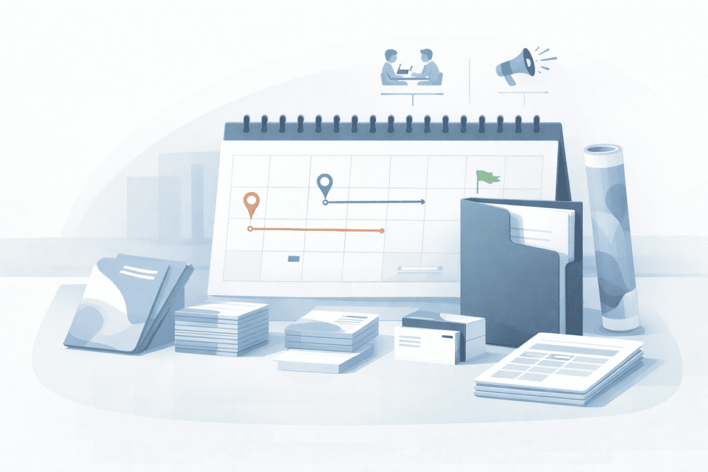 Planowanie zamówień materiałów drukowanych w powiązaniu z kalendarzem sprzedaży i wydarzeń firmowych.