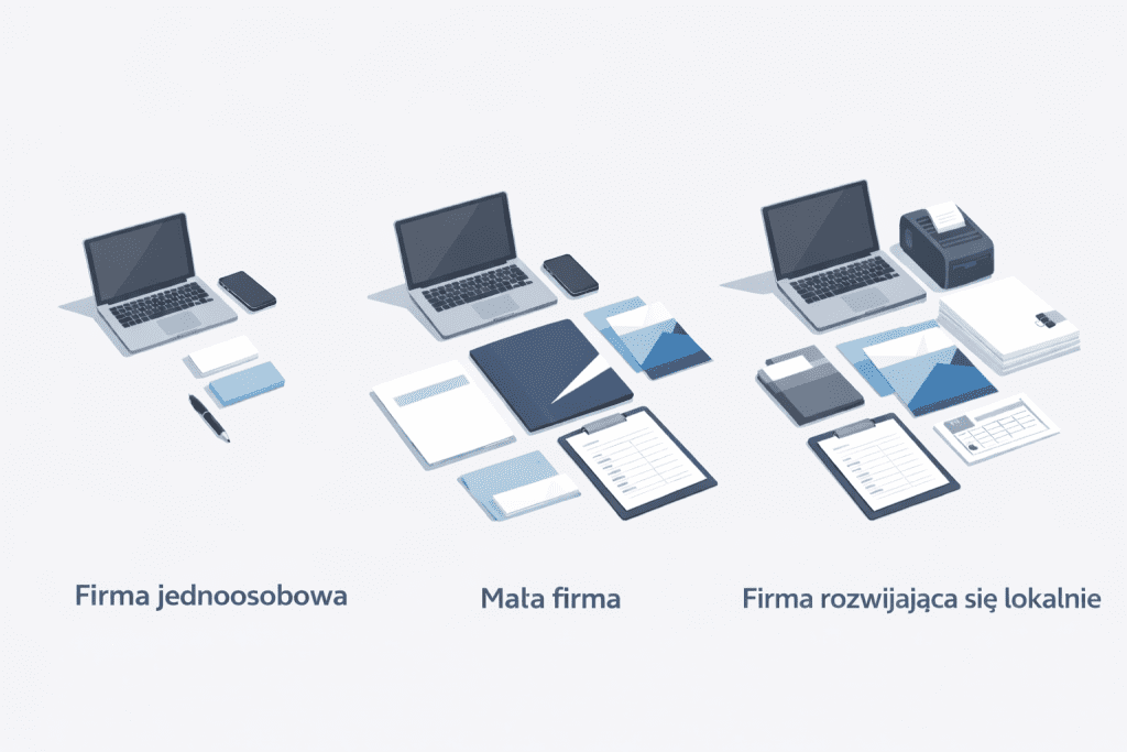 Porównanie zestawów druków firmowych dopasowanych do mikrofimy, małej firmy i rozwijającej się sprzedaży lokalnej.