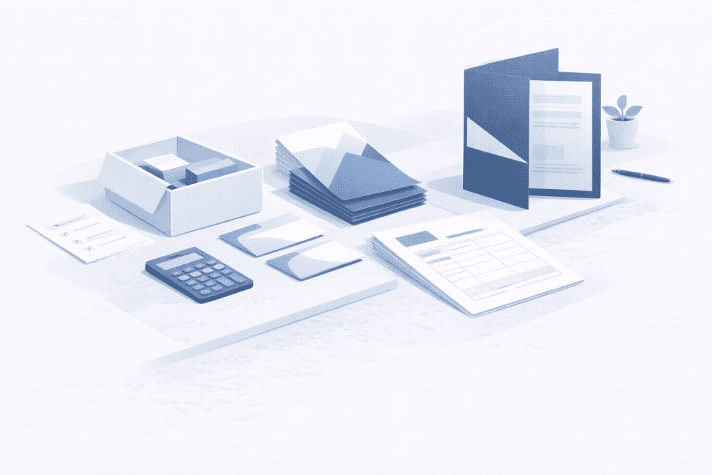 Zestaw druków firmowych dający najlepszy efekt przy rozsądnym budżecie: wizytówki, ulotki, papier firmowy lub formularze oraz teczki.