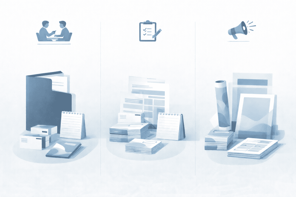 Zestawy druków firmowych zamawianych razem: pakiet handlowy, biurowy i promocyjny.