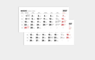 Kalendarium do kalendarza trójdzielnego na rok 2027 – układ miesięczny z czytelnymi datami i oznaczeniami świąt