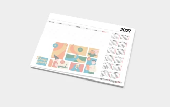 Biuwar – podkład na biurko z kalendarzem na 2027 rok i kolorową grafiką, widok z góry