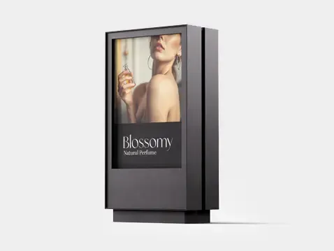 Wolnostojący baner LED textile z reklamą perfum Blossomy Natural Perfume na czarnej ramie