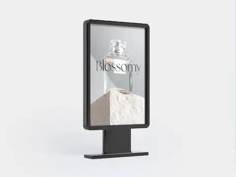 Wolnostojący baner LED textile z reklamą perfum Blossomy i flakonem na jasnym tle