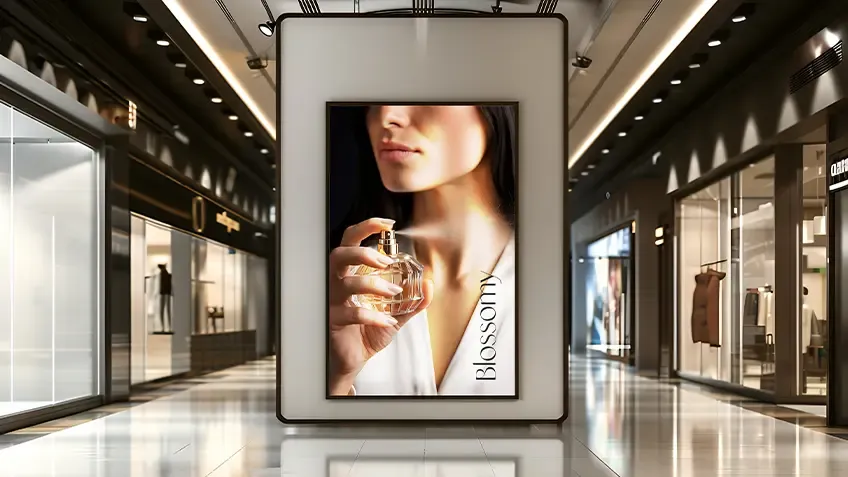 Baner LED textile z reklamą perfum Blossomy ustawiony w galerii handlowej