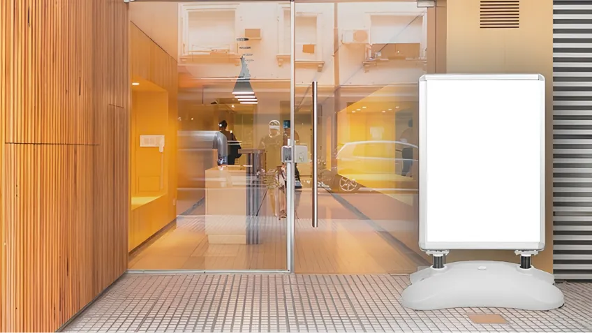 Potykacz reklamowy outdoor z obciążaną podstawą ustawiony przed wejściem do budynku
