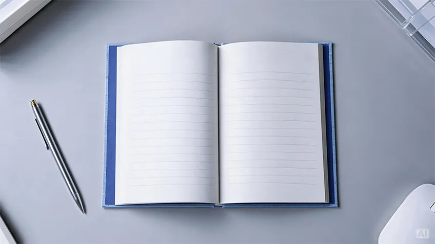 Otwarty notes książkowy A5 w twardej niebieskiej oprawie z kartkami w linie, leżący na biurku obok długopisu.