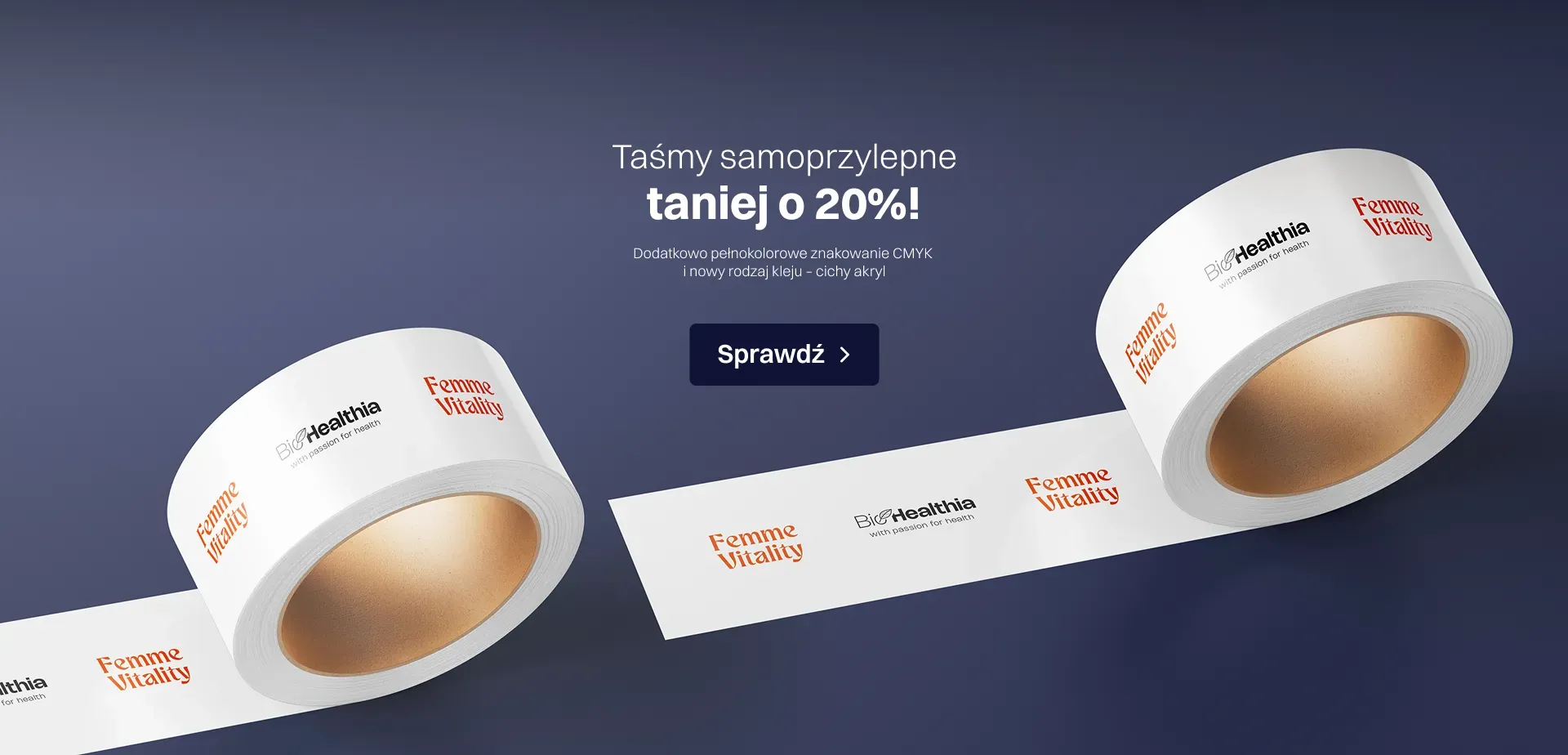Taśmy samoprzylepne z nadrukiem – promocja 20%, pełnokolorowe znakowanie CMYK